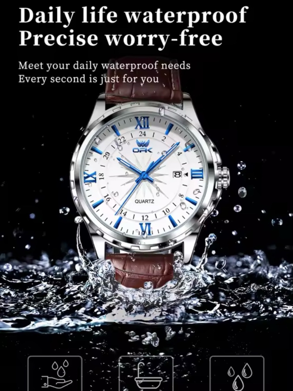 OPK Silver Men’s Watch with Blue Accents and Brown Leather Strap